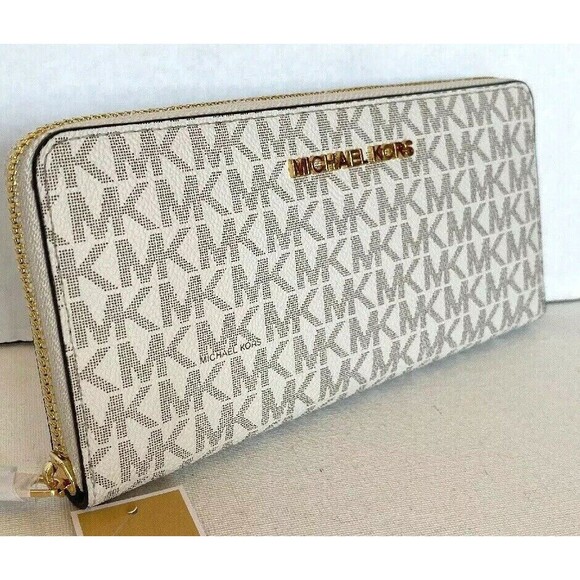 New Michael Kors Large zip around Continental wallet Logo Vanilla with Gift Box - Picture 2 of 6